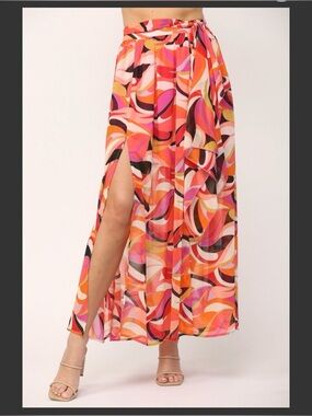 NWT Fate Coral Multi Abstract Print Chiffon Maxi Skirt